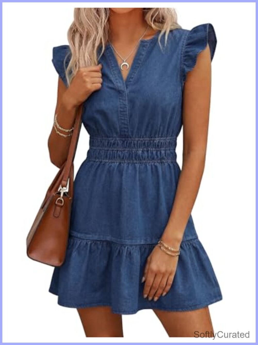 Women's Denim Dress Ruffle Sleeve A-Line Mini with Pockets